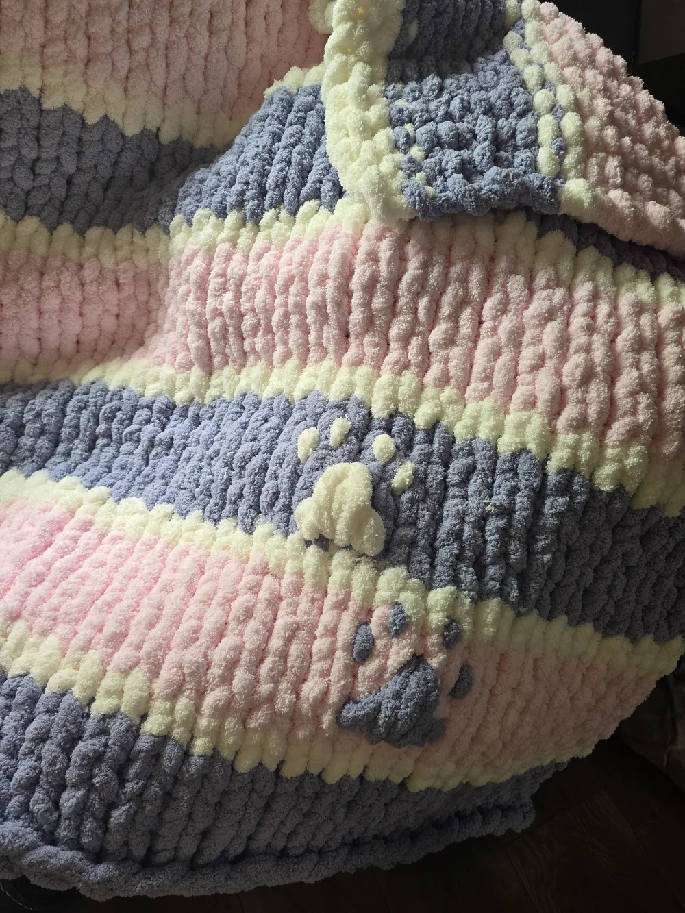 Hand Made Plush Striped Kids Blanket - Pink & Grey/ Blue